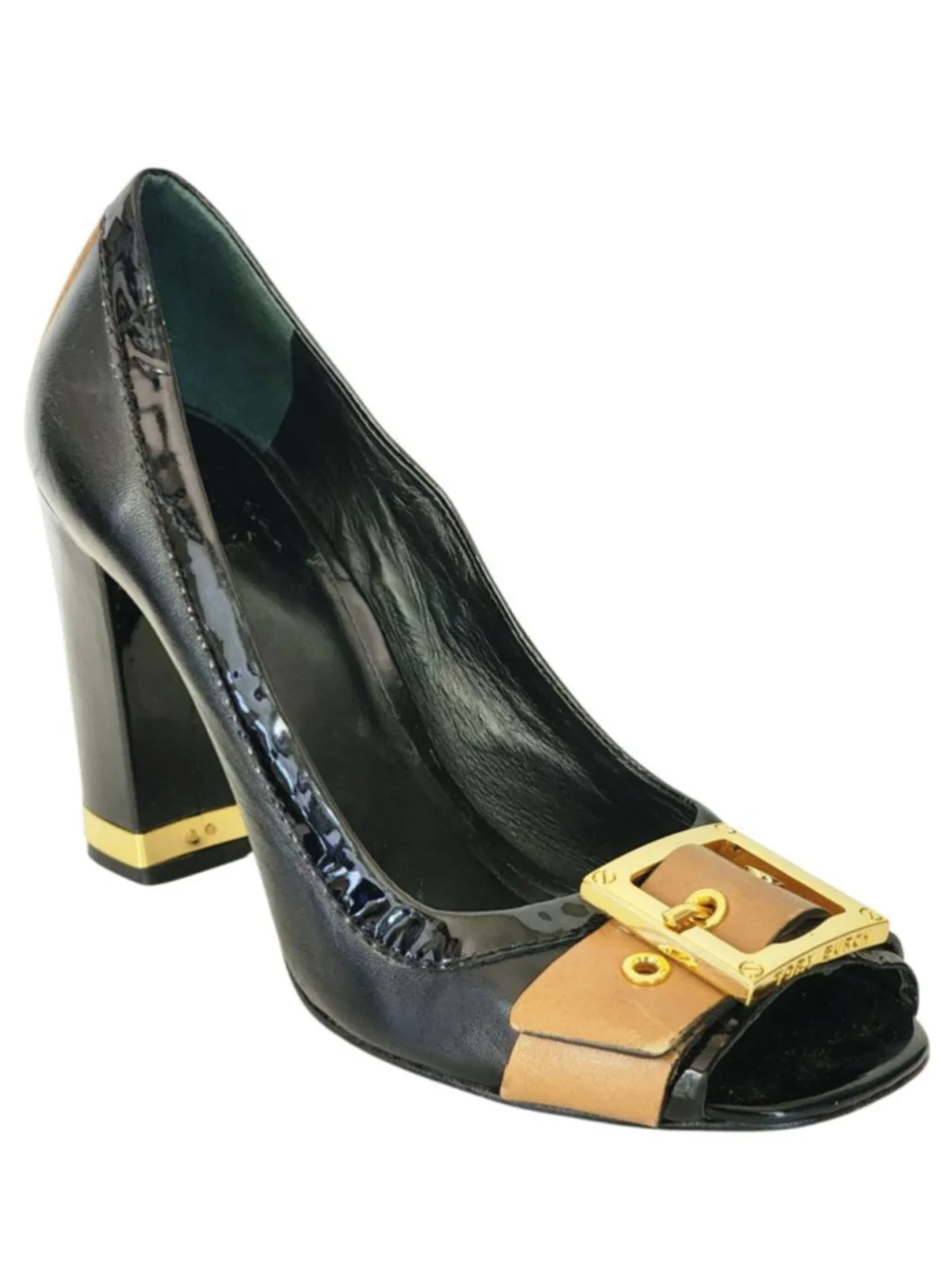 TORY BURCH Black & Tan Peep Toe Pump Heels‎ Gold Buckle Size 9